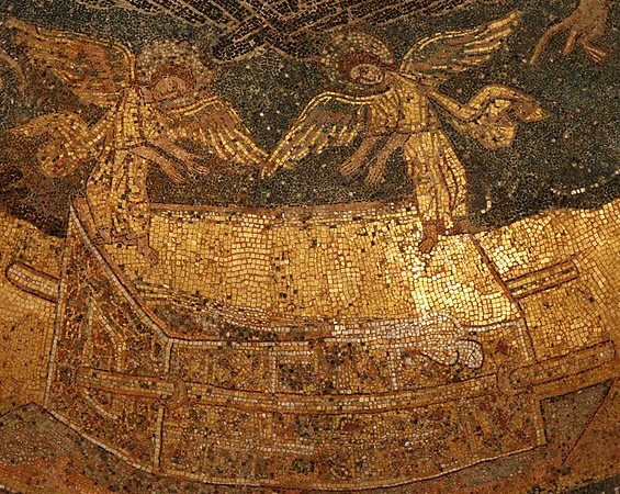 A mosaic of angels on a boat